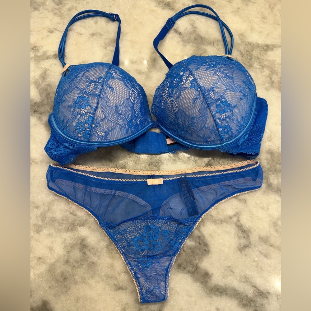 Victoria’s Secret Sexy Little Things Blue Lace Bra Set 38C + Panty L Rare